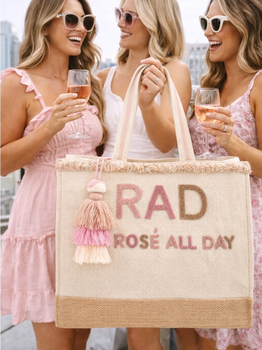 RAD Rosé All Day Canvas Tote Bag in Cream and Pink - Picture 2 of 9